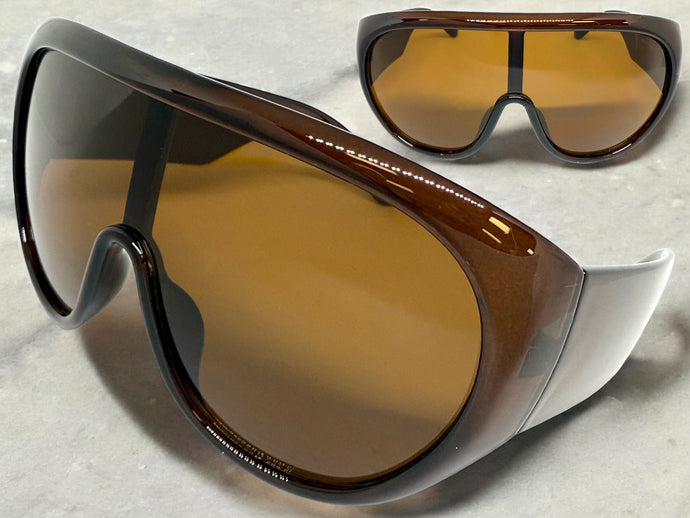 Oversized Exaggerated Modern Rerto Shield Style SUNGLASSES Large Brown Frame 68246