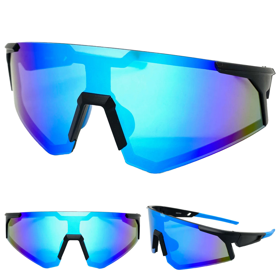 Oversized Retro Sporty Wrap Around Style SUNGLASSES Large Black Frame 9057