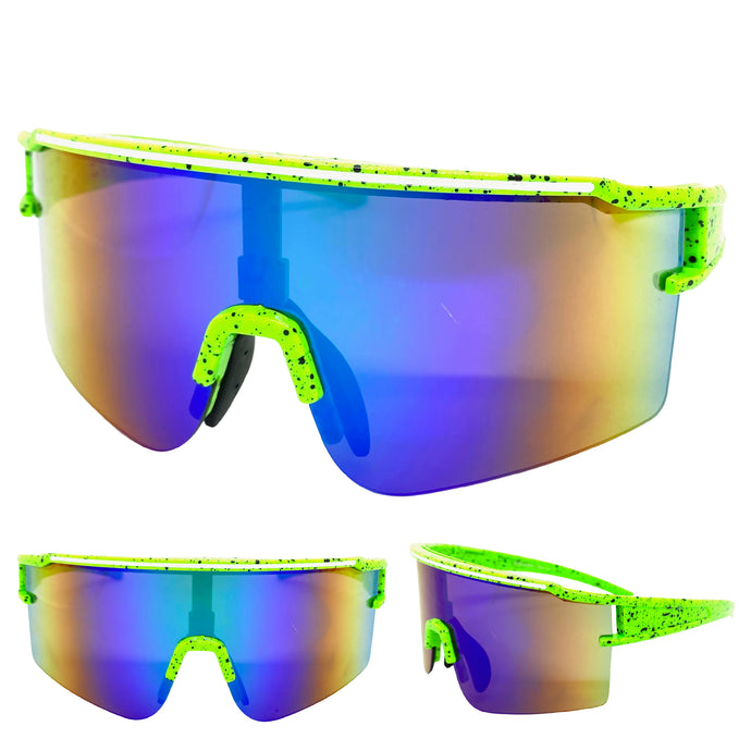 Oversized Retro Sporty Wrap Around Style SUNGLASSES Large Neon Green Frame 59144