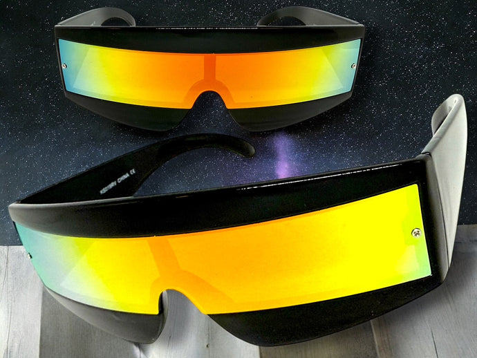 Space Futuristic Robotic Cyclops Shield Costume Party SUNGLASSES Black Frame - Gold Lens K019