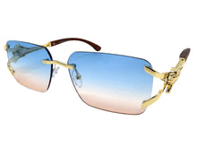 Classy Elegant Luxury Hip Hop Rapper Style SUNGLASSES Rimless Gold & Faux Wooden Frame - Blue & Beige Lens 27806