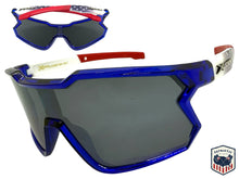 Oversized Sporty Wrap Around Style SUNGLASSES Large Blue Patriotic USA Flag Frame 3737