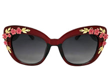 Oversized Vintage Retro Cat Eye Style SUNGLASSES Large Burgundy Frame - Flowers & Gold Leaf Accents 6806 (Copy) (Copy)