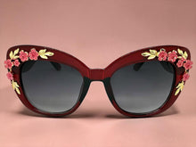Oversized Vintage Retro Cat Eye Style SUNGLASSES Large Burgundy Frame - Flowers & Gold Leaf Accents 6806 (Copy) (Copy)