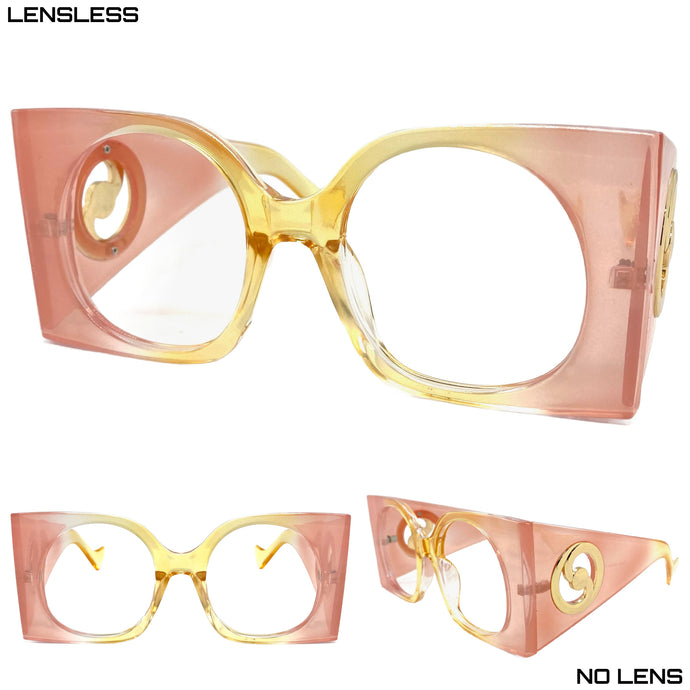 Oversized Vintage Retro Style Huge Thick Pink & Gold Lensless Eye Glasses- Frame Only NO Lens 2158