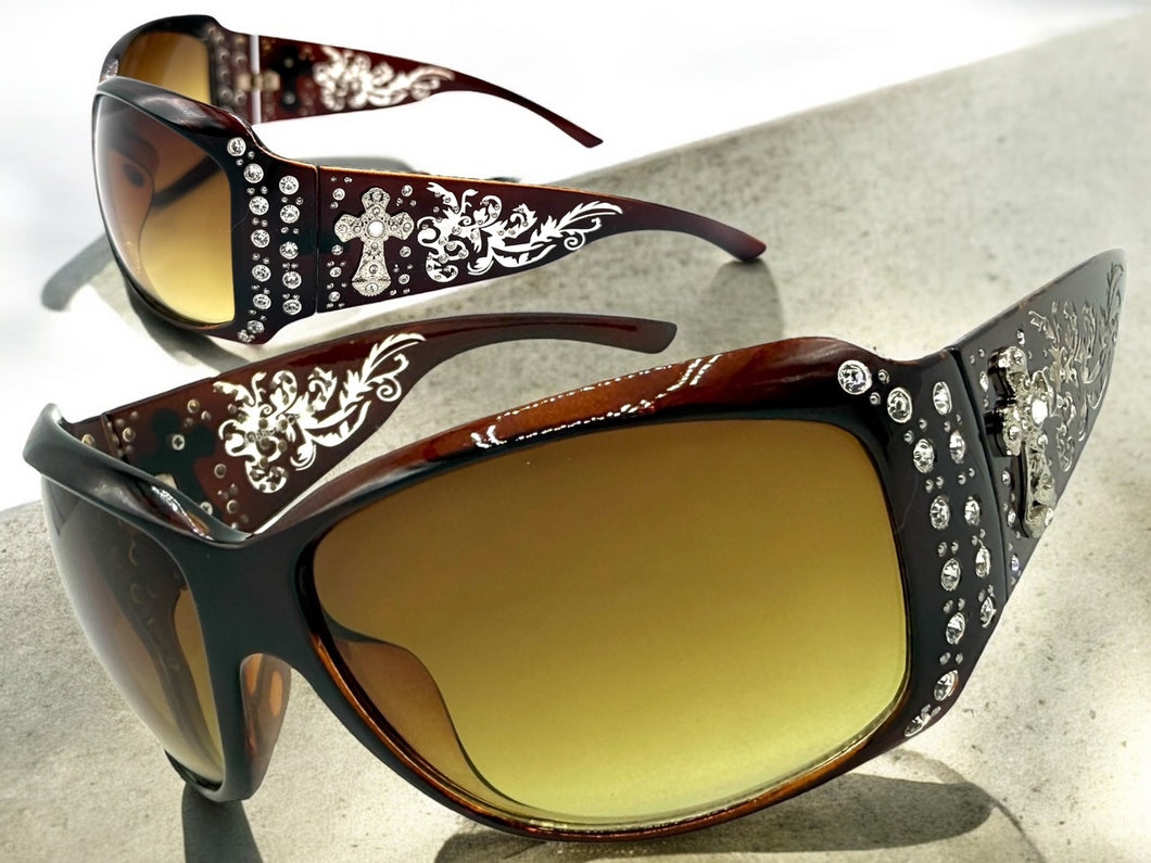 Oversized Classy Elegant Western Cowgirl Style SUNGLASSES Brown Frame with Silver Cross 8368