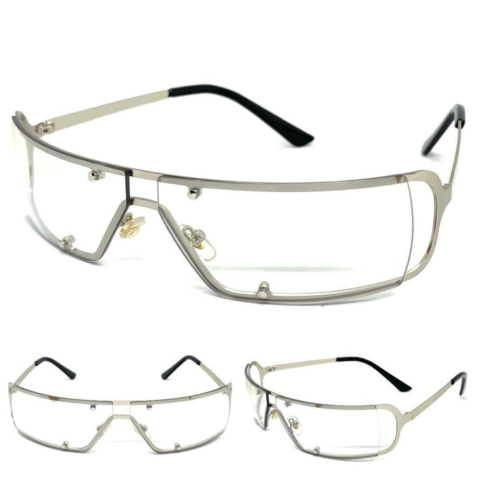 Contemporary Modern Wrap Style Clear Lens SUNGLASSES Silver Frame E0943