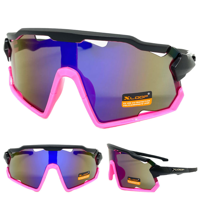 Oversized Retro Sporty Wrap Around Style SUNGLASSES Large Black & Pink Frame 3693