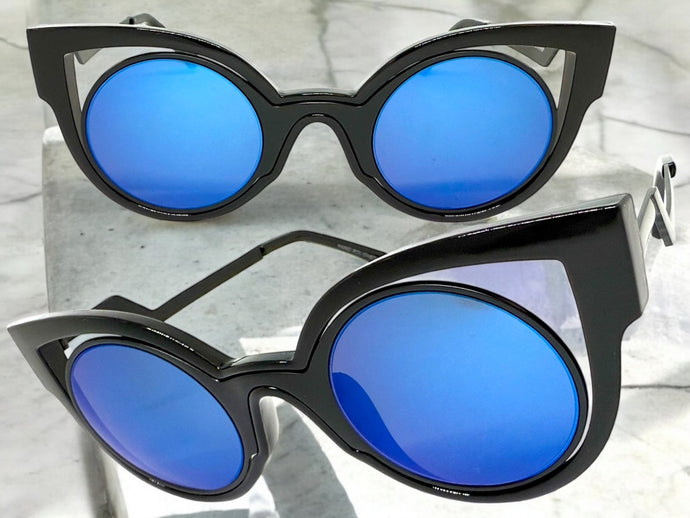 Classic Vintage Retro Cat Eye Style SUNGLASSES Funky Black Frame - Blue Lens 1737