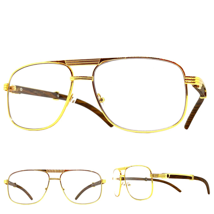 Classic Vintage Retro Luxury Aviator Style Clear Lens EYEGLASSES Gold & Wooden Frame 4012