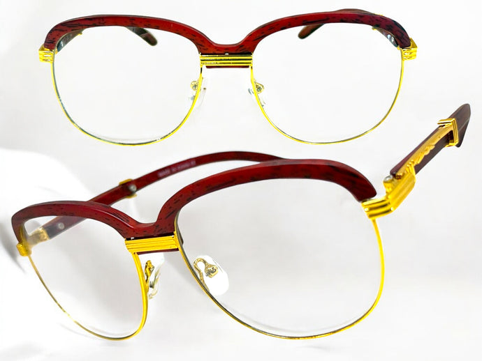 Classic Retro Luxury Designer Hip Hop Style Clear Lens EYEGLASSES Square Gold & Faux Wooden Frame E0425