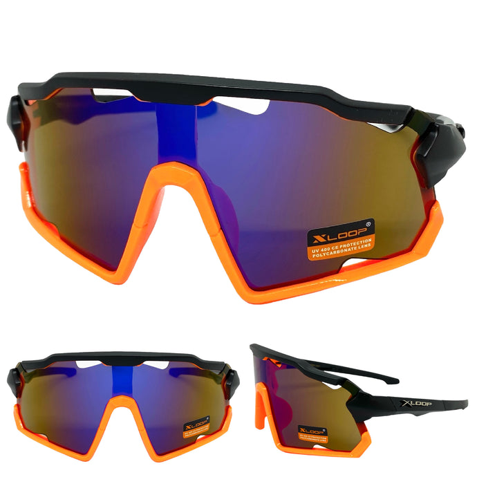 Oversized Retro Sporty Wrap Around Style SUNGLASSES Large Black & Orange Frame 3693