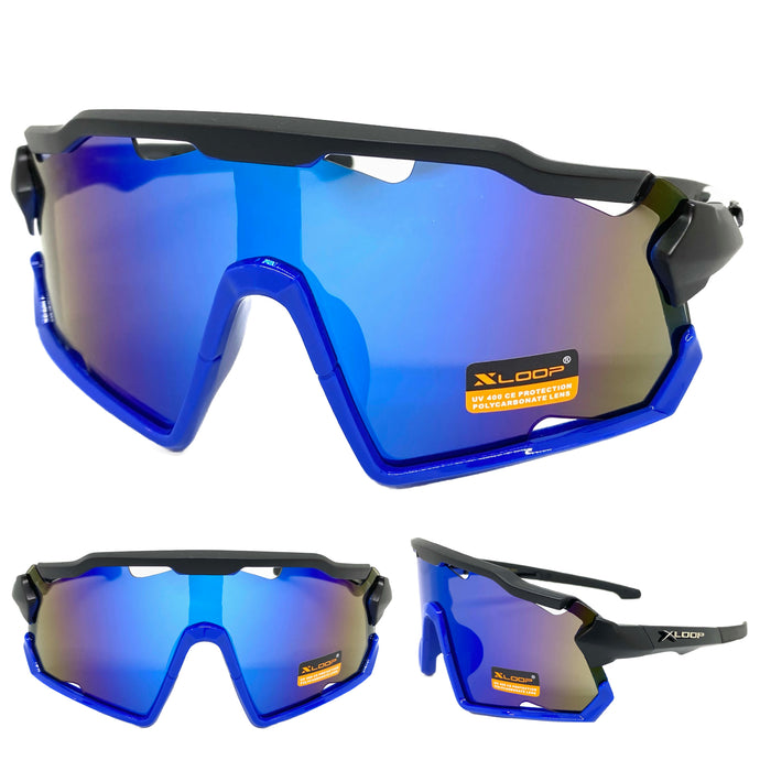 Oversized Retro Sporty Wrap Around Style SUNGLASSES Large Black & Blue Frame 3693