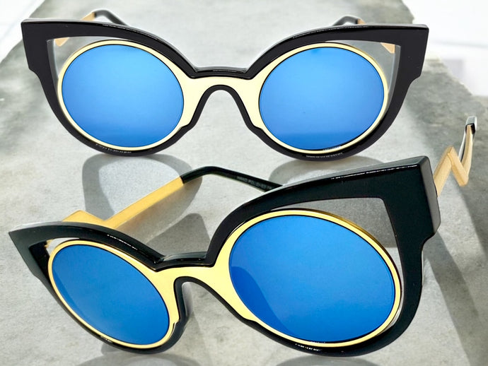 Classic Vintage Retro Cat Eye Style SUNGLASSES Funky Black Frame - Blue Lens 1737