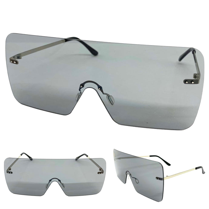 Oversized Exaggerated Modern Retro Shield Style SUNGLASSES Large Flat Gray Lens 10549