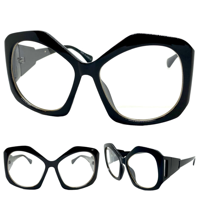 Oversized Exaggerated Vintage Retro Style Clear Lens EYEGLASSES Large Black Frame E2019