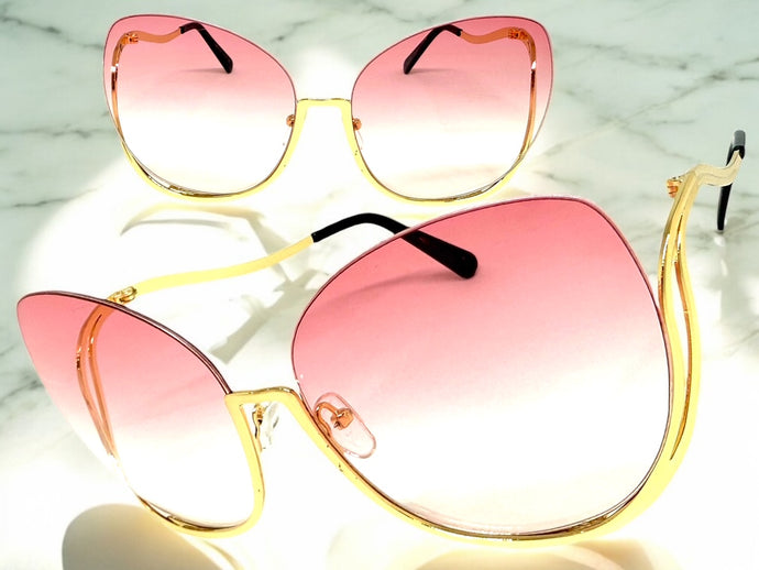 Oversized Exaggerated Classic Vintage Retro Style SUNGLASSES Large Gold Frame - Pink Lens A315