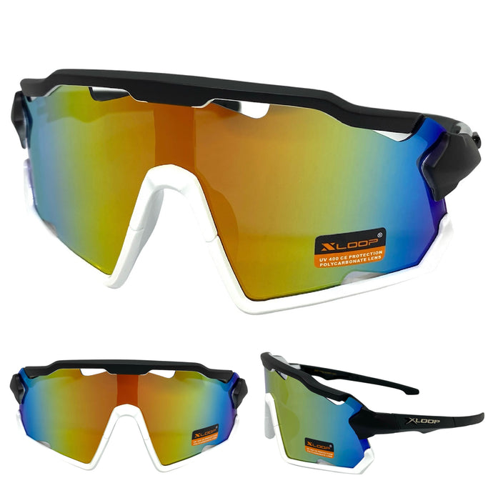Oversized Retro Sporty Wrap Around Style SUNGLASSES Large Black & White Frame 3693