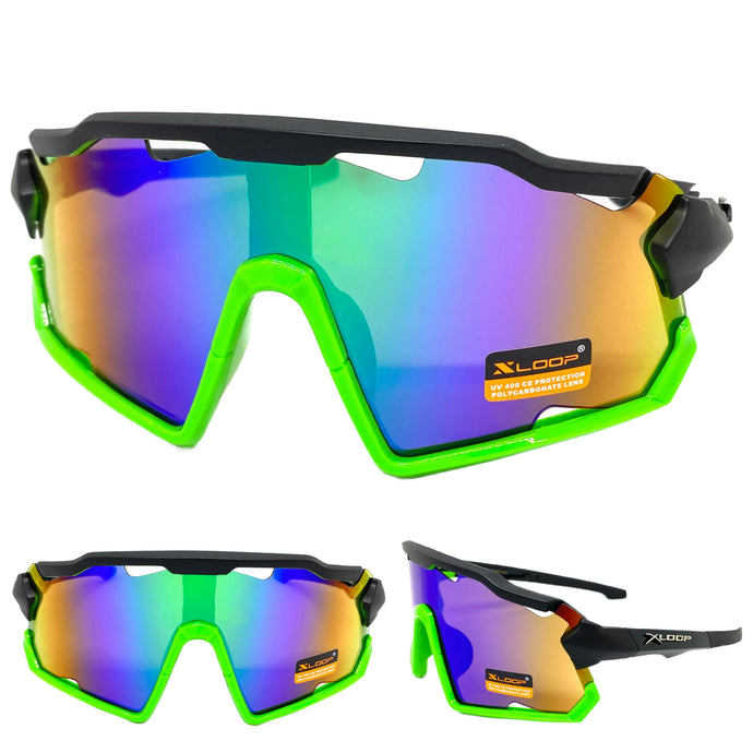 Oversized Retro Sporty Wrap Around Style SUNGLASSES Large Black & Green Frame 3693