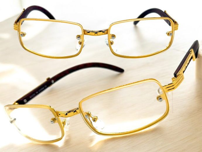 Classic Modern Retro Luxury Hip Hop Style Clear Lens EYEGLASSES Rectangular Gold & Faux Wooden Frame E0444