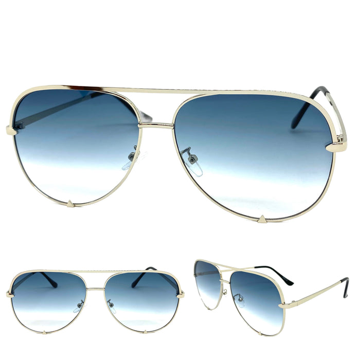 Classic Vintage Retro Aviator Style SUNGLASSES Silver Frame Blue & Clear Lens P0218