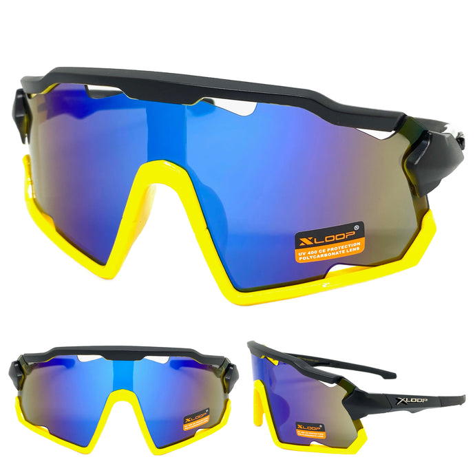 Oversized Retro Sporty Wrap Around Style SUNGLASSES Large Black & Yellow Frame 3693