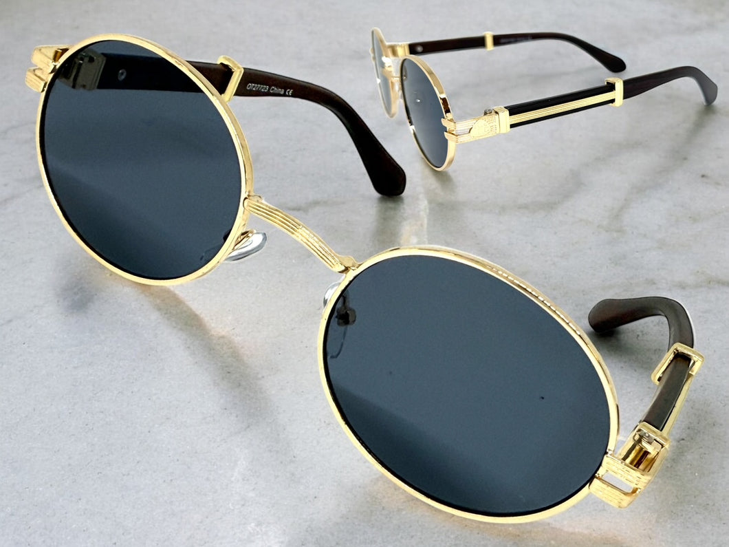 Classic Vintage Retro Hip Hop Style SUNGLASSES Oval Gold & Faux Wood Frame 27723