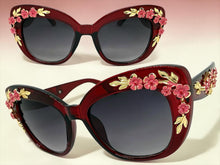 Oversized Vintage Retro Cat Eye Style SUNGLASSES Large Burgundy Frame - Flowers & Gold Leaf Accents 6806 (Copy) (Copy)