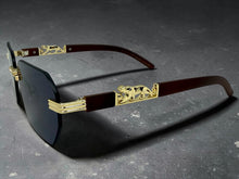Classy Elegant Luxury Hip Hop Rapper Style SUNGLASSES Gold & Faux Wooden Frame - Dark Lens 27804