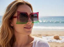 Oversized Exaggerated Vintage Retro Style SUNGLASSES Large Dark Fuchsia & Green Frame 1091