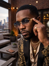 Classy Elegant Luxury Hip Hop Rapper Style SUNGLASSES Rimless Gold & Faux Wooden Frame - Blue & Beige Lens 27806