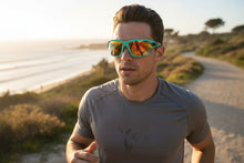 Classic Sporty Wrap Around Style SUNGLASSES Large Aqua Frame - Gold Lens 2745