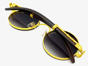 Classy Elegant Sophisticated Luxury Hip Hop Style SUNGLASSES Round Gold & Wooden Frame 7535