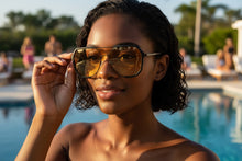 Classy Trendy Bold Modern Retro Shield Style SUNGLASSES Black Frame - Tea Tone Lens 5399