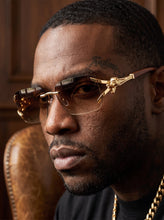 Classy Elegant Luxury Hip Hop Rapper Style SUNGLASSES Rimless Gold & Faux Wooden Frame - Honey Gradient Lens 27806