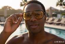 Classy Trendy Bold Modern Retro Shield Style SUNGLASSES Black Frame - Tea Tone Lens 5399