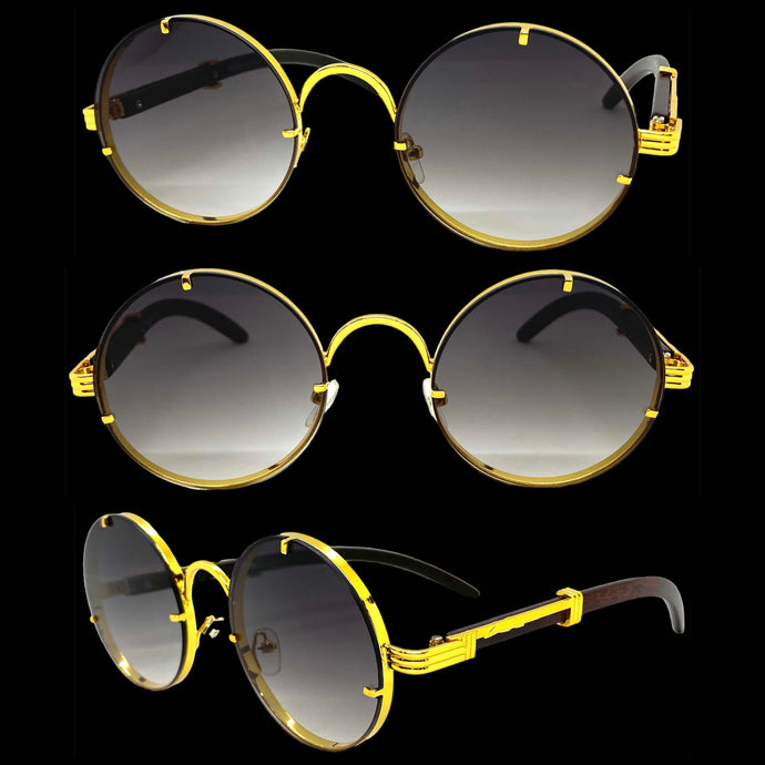 Classy Elegant Sophisticated Luxury Hip Hop Style SUNGLASSES Round Gold & Wooden Frame 7535