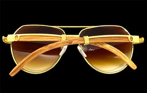 Classy Elegant Sophisticated Luxury Hip Hop Aviator Style SUNGLASSES Gold & Wooden Frame E0378