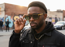 Classic Vintage Retro Luxury Hip Hop Rapper Style SUNGLASSES Square Brown & Gold Frame - Green Lens 81063