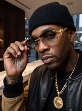 Classy Elegant Luxury Hip Hop Rapper Style SUNGLASSES Rimless Gold & Faux Wooden Frame - Smoke & Beige Lens 27806