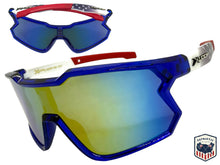 Oversized Sporty Wrap Around Style SUNGLASSES Large Blue Patriotic USA Flag Frame 3737