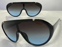 Classic Vintage Retro Style SUNGLASSES Black & Gold Frame - Gray & Blue Lens 3093