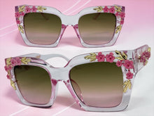 Classic Elegant Vintage Retro Style SUNGLASSES Large Thick Square Pink Floral Frame 17004