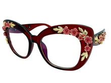 Oversized Vintage Retro Cat Eye Style Clear Lens EYEGLASSES Large Burgundy Frame - Flowers & Gold Leaf Accents 6806 (Copy)