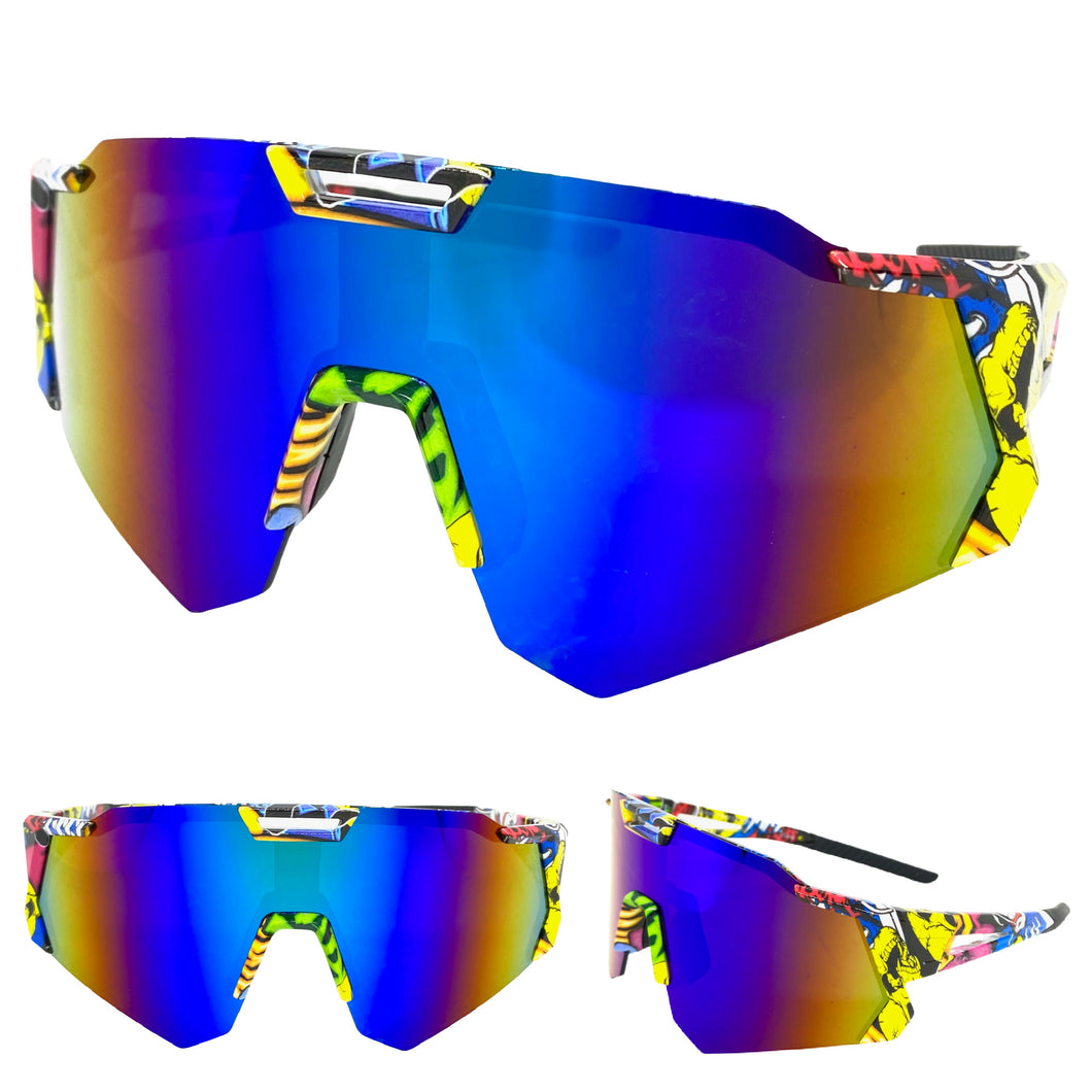 Oversized Retro Sporty Wrap Around Style SUNGLASSES Large Graffiti Frame 80384