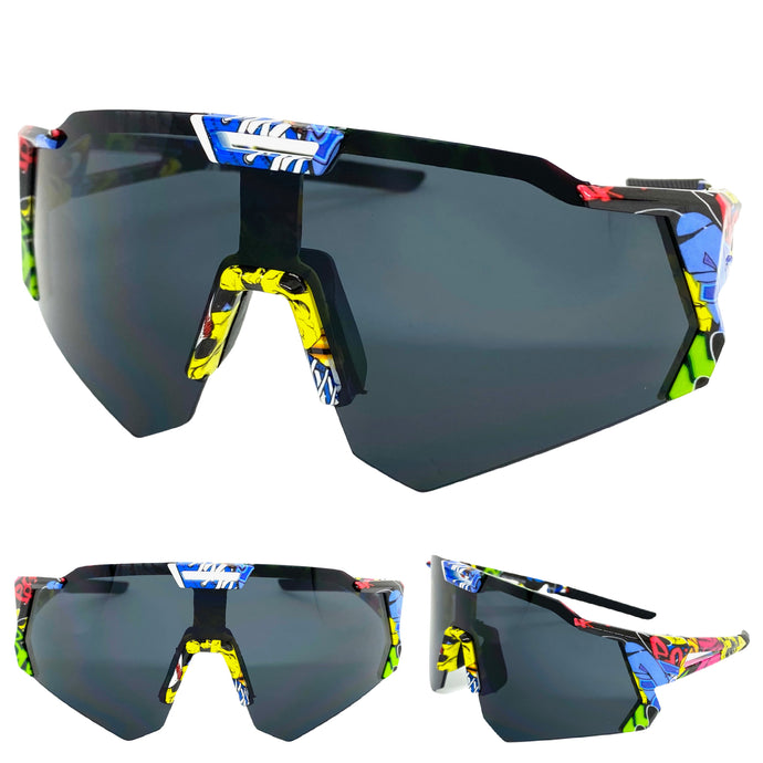Oversized Retro Sporty Wrap Around Style SUNGLASSES Large Graffiti Frame 80384