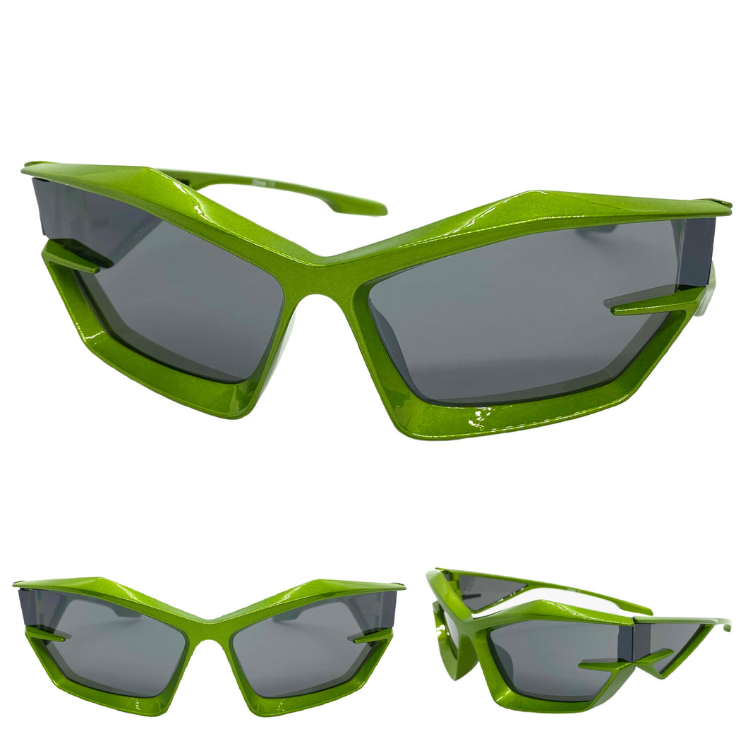 Oversized Modern Futuristic Sporty Wrap SUNGLASSES Large Green Frame P0028