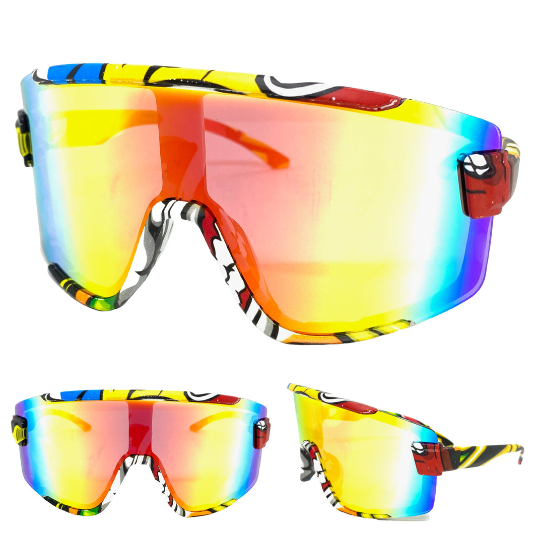 Oversized Retro Sporty Wrap Around Style SUNGLASSES Large Graffiti Frame 5304