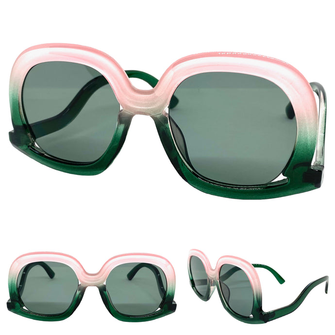 Oversized Vintage Retro Style SUNGLASSES Large Green & Pink Frame 9189