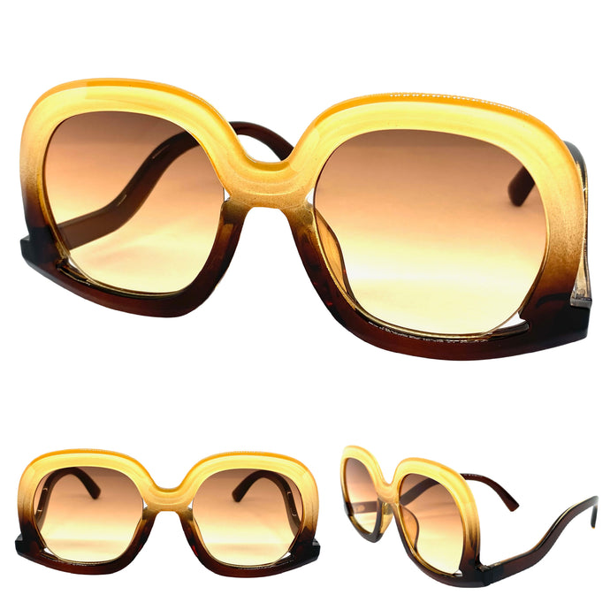 Oversized Vintage Retro Style SUNGLASSES Large Brown & Cream Frame 9189